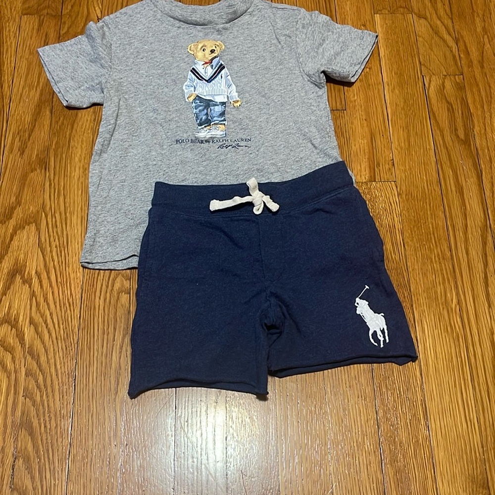 Toddler Boy Polo by Ralph Lauren Gray Bear Tee and Navy Terry Shorts Set
